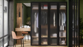 Спальный гарнитур «Порто» №4 Яблоня Беллуно/Графит/Стекло сатин черное в Мегионе - megion.mebel-tymen.ru | фото